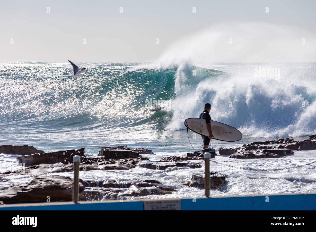 Onde che si schiantano su Dee Why Beach Rockpools, piscine oceaniche Foto Stock