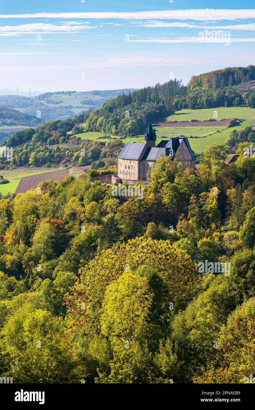 Vista sul castello di Spangenberg, Spangenberg, Assia Germania Foto Stock