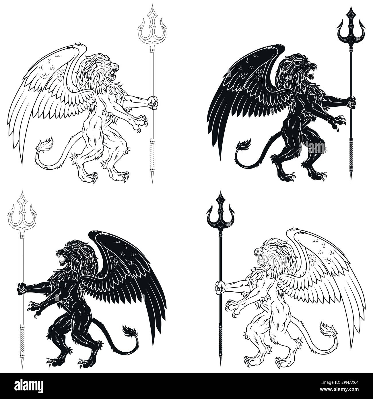 Disegno vettoriale di leone rampante alato con tridente, leone araldico con ali, creatura fantasy alata Illustrazione Vettoriale