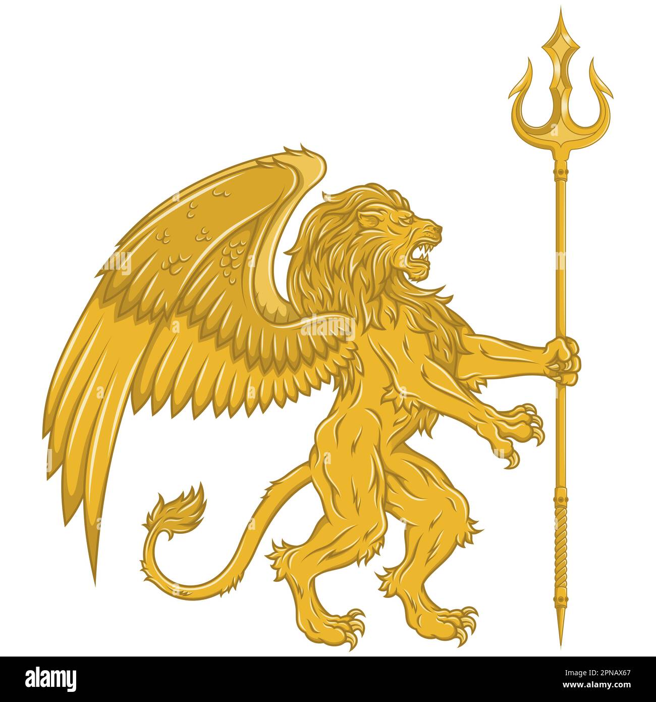 Disegno vettoriale di leone rampante alato con tridente, leone araldico con ali, creatura fantasy alata Illustrazione Vettoriale