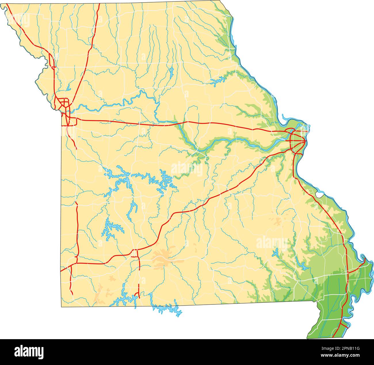 Mappa fisica del Missouri dettagliata. Illustrazione Vettoriale