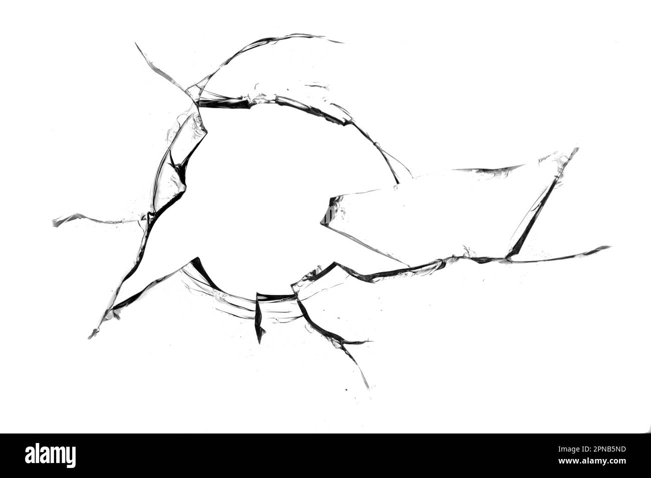 Concetto di vetro rotto con foro per il disegno su sfondo bianco Foto Stock