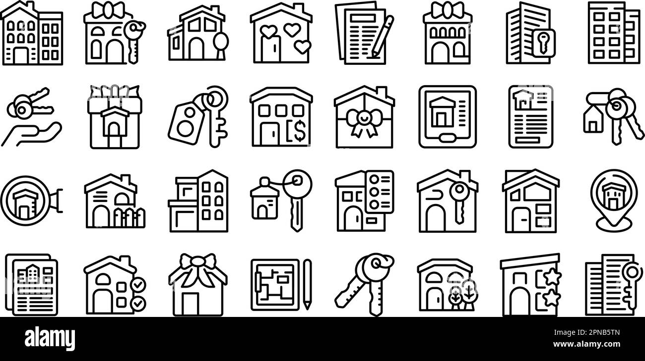 Le nuove icone home impostano il vettore di contorno. Casa famiglia. Prestito denaro Illustrazione Vettoriale