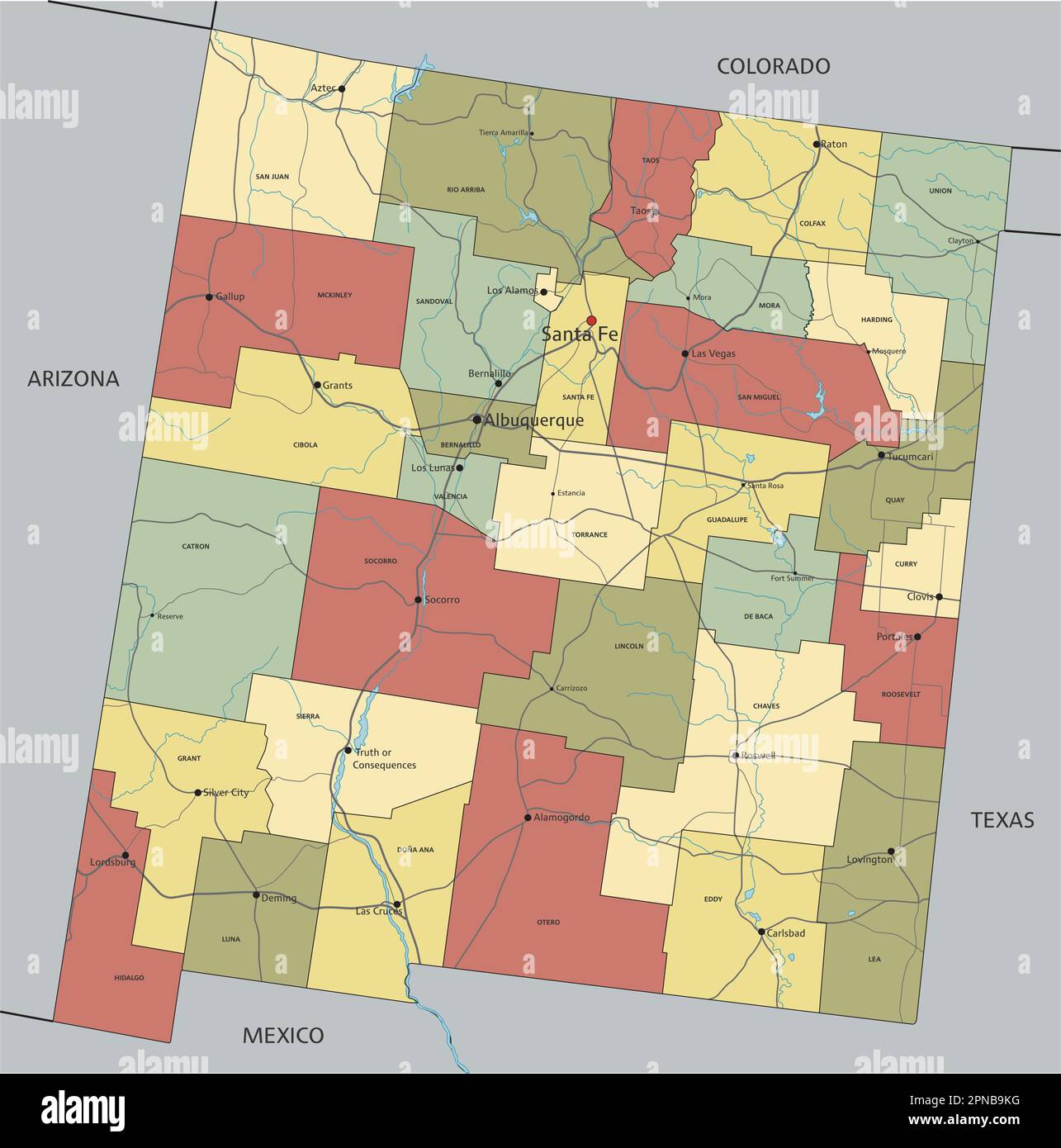 New Mexico - Mappa politica modificabile molto dettagliata con etichettatura. Illustrazione Vettoriale