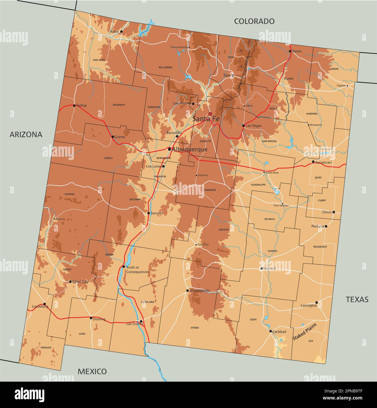 Mappa fisica del New Mexico dettagliata con etichettatura. Illustrazione Vettoriale