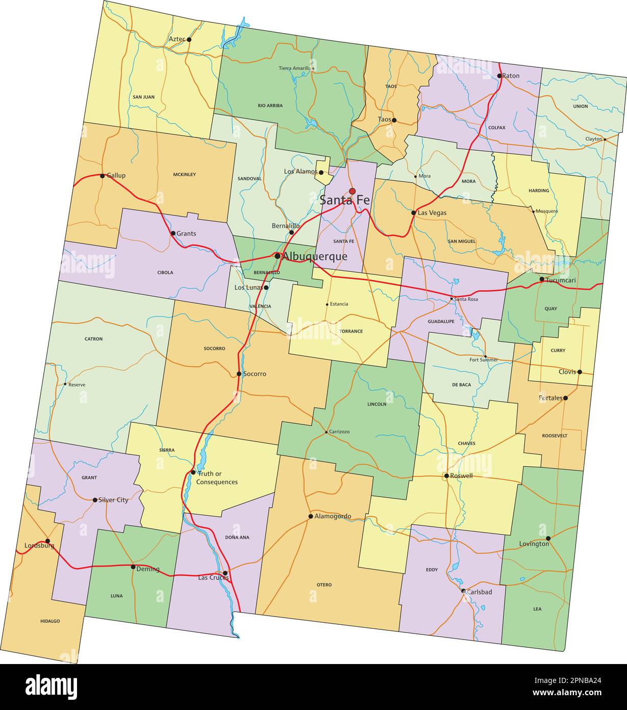 New Mexico - Mappa politica modificabile molto dettagliata con etichettatura. Illustrazione Vettoriale
