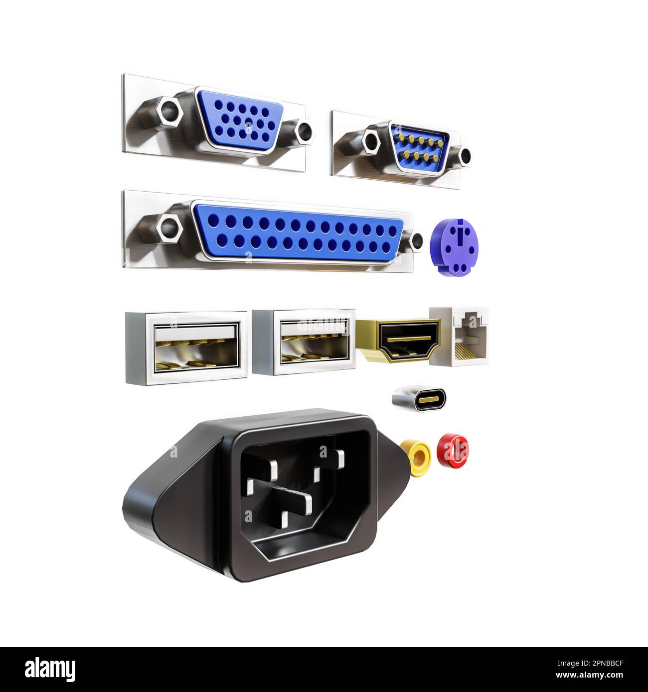3D rendering di set di base di poerts e socket per computer Foto Stock