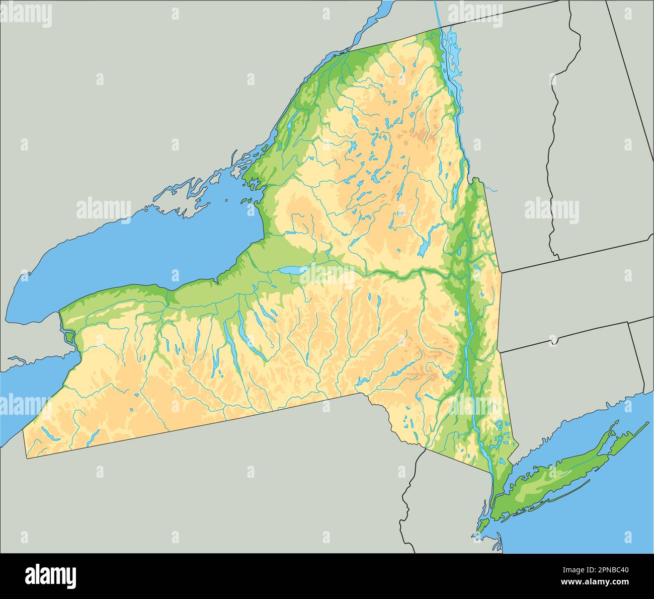 Mappa fisica di New York ad alta dettaglio. Illustrazione Vettoriale