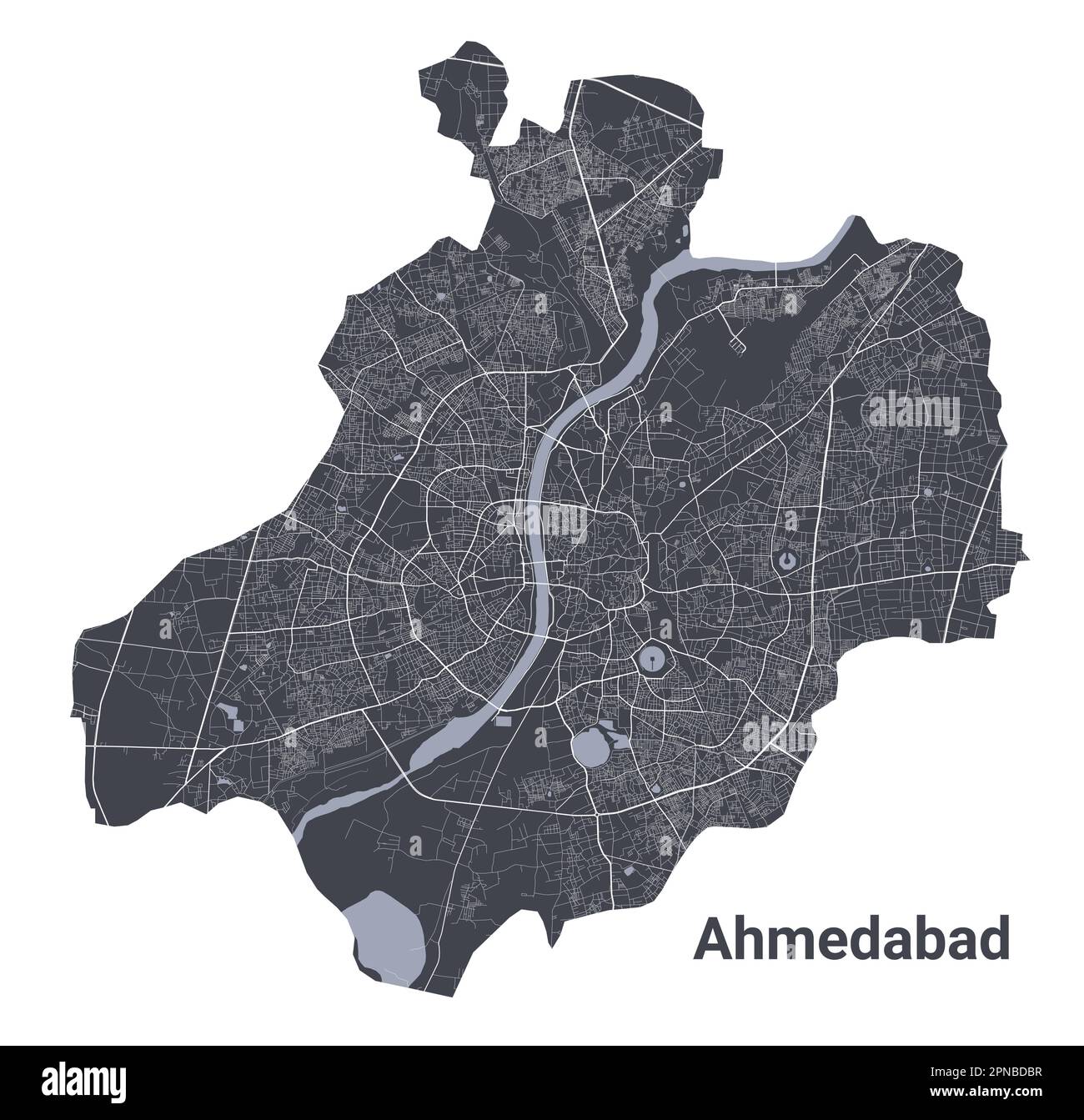 Mappa di Ahmedabad. Mappa vettoriale dettagliata dell'area amministrativa della città di Ahmedabad. Poster sulla città con vista metropolitana sull'aria. Terra nera con strade bianche e Ave Illustrazione Vettoriale