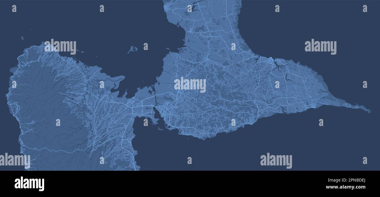 Mappa blu di Guadalupa, isole caraibiche. Arcipelago e dipartimento d'oltremare e regione della Francia. Illustrazione vettoriale del paesaggio urbano. Illustrazione Vettoriale