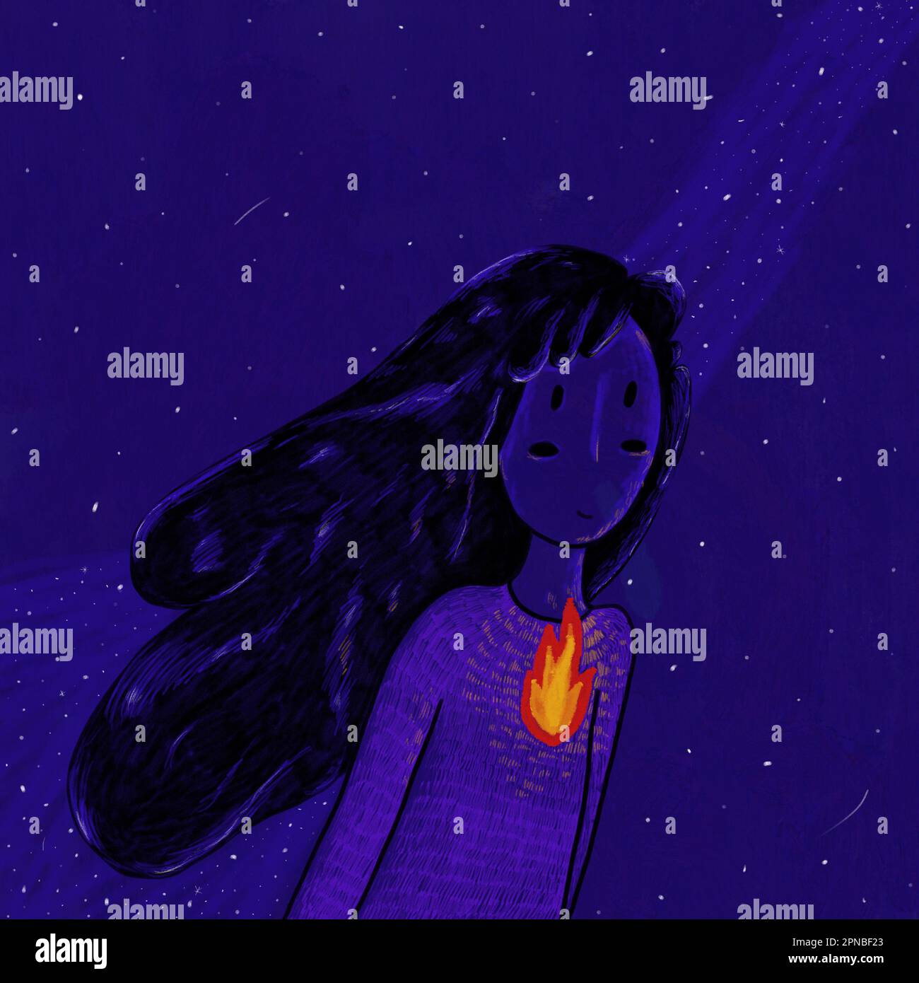 Illustrazione creativa di donna con fuoco ardente nel cuore che rappresenta il concetto di passione contro il cielo stellato di notte viola Foto Stock