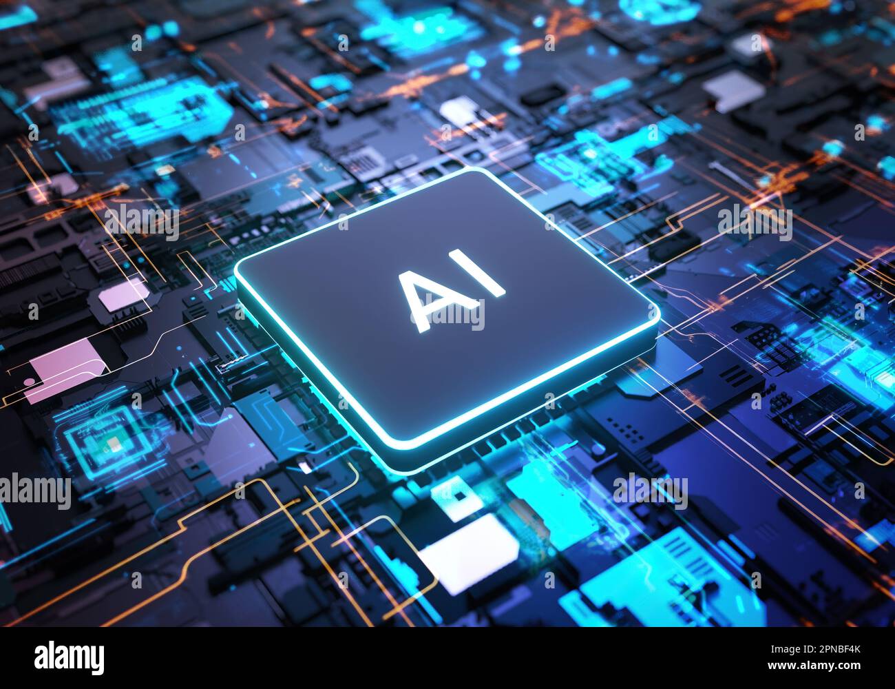 Ai, processore con chipset di intelligenza artificiale su scheda a circuito stampato che lavora sull'analisi dei dati, sull'apprendimento automatico e sul concetto di tecnologia futuristica Foto Stock