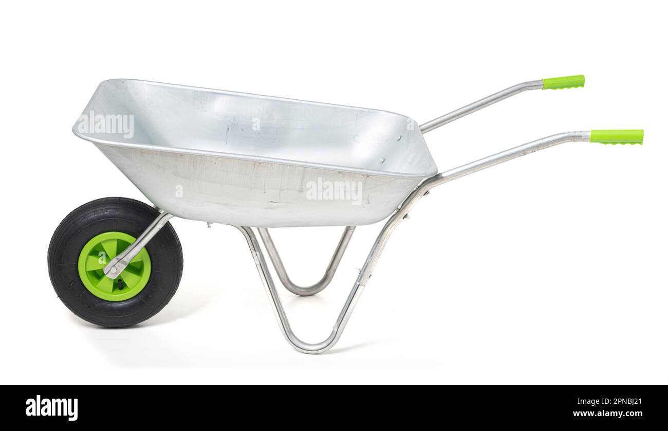 Carriola in acciaio galvanizzato su sfondo bianco Foto Stock