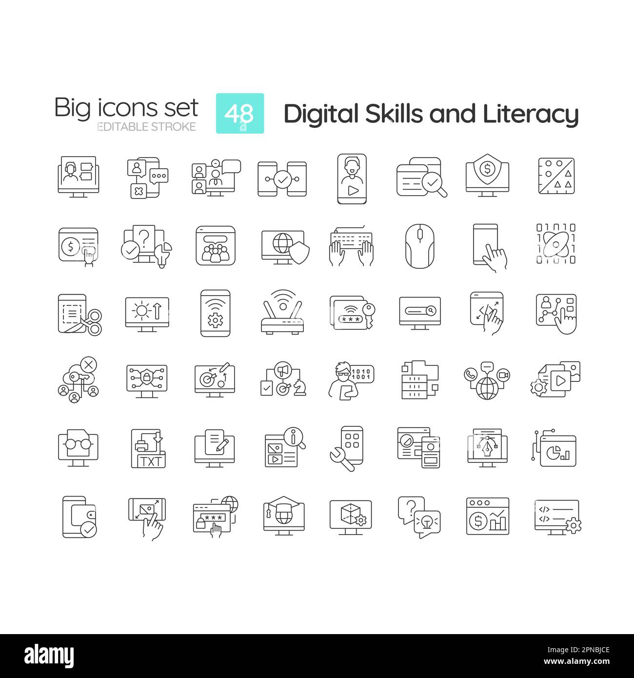 Icone lineari di alfabetizzazione e competenze digitali Illustrazione Vettoriale