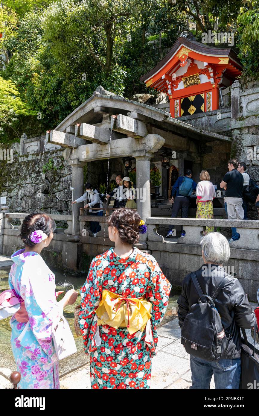 2023 aprile, tempio Kiyomizu-dera a Kyoto, le donne giapponesi in tradizionale abito kimono guardare le persone bere dalla cascata Otowa per fortuna, Giappone Foto Stock