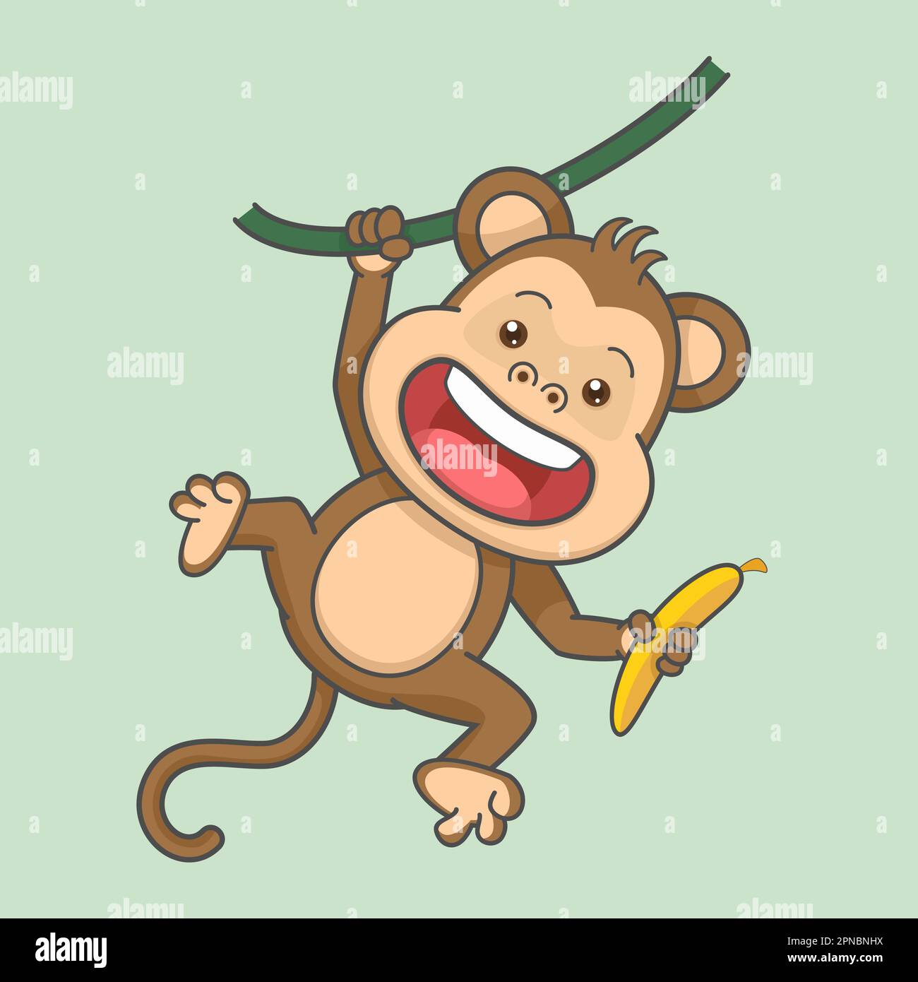 Carino Hanging Monkey Holding Banana Illustrazione Vettoriale