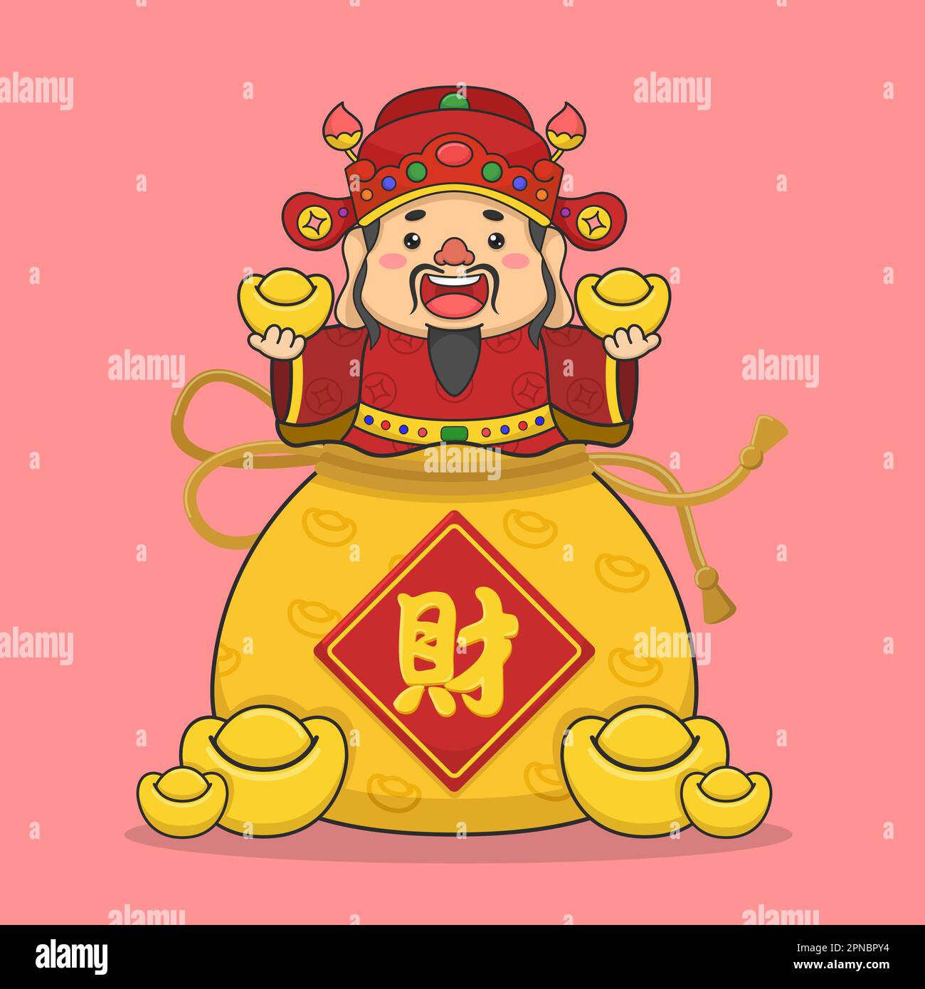 Carino cinese nuovo anno Fortune Dio in borsa di soldi Illustrazione Vettoriale