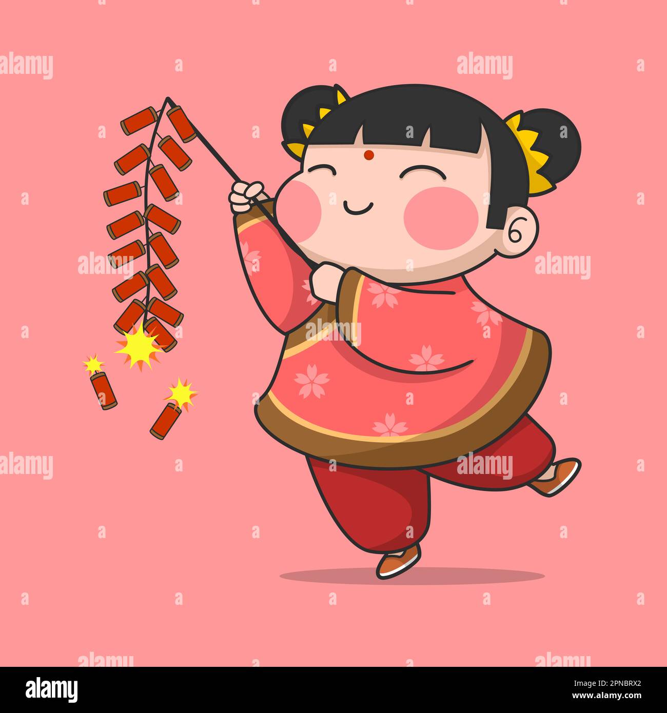 Cute Chinese New Year Girl giocando Fire Cracker Illustrazione Vettoriale