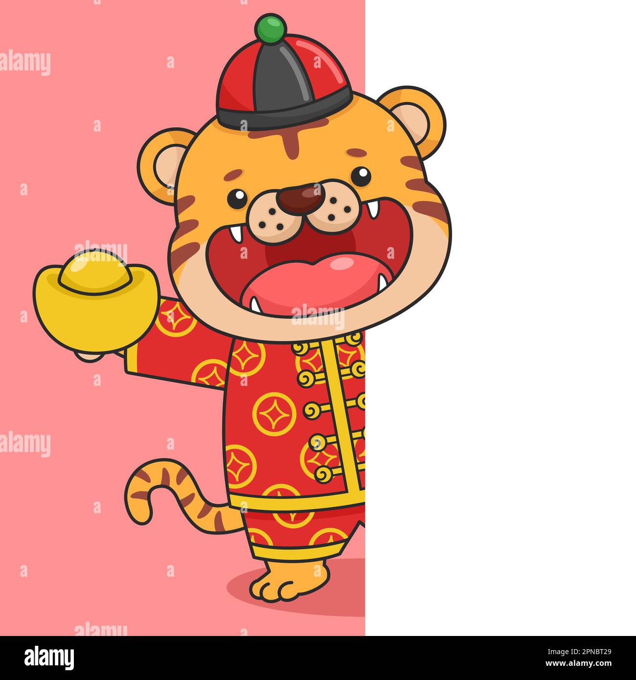 Carino cinese nuovo anno Tiger Holding oro denaro dietro la parete Illustrazione Vettoriale