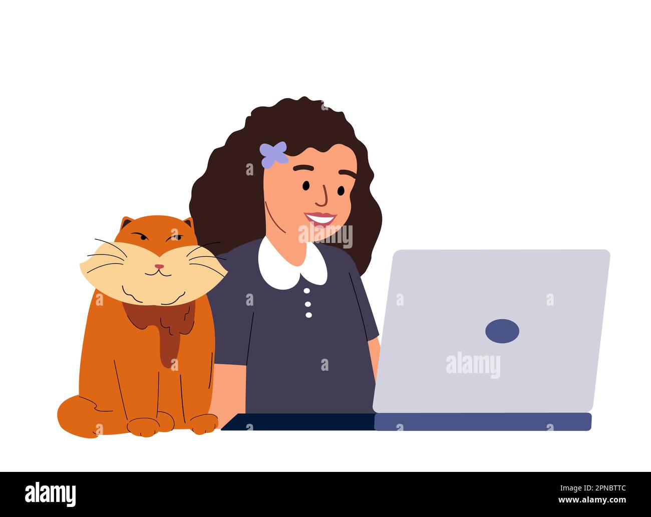 Ragazza e gatto sedersi a home.Happy capretto ragazza e gatto carino durante l'educazione online o film guardare, video call.pupil Studio attraverso internet a computer.FLA Foto Stock