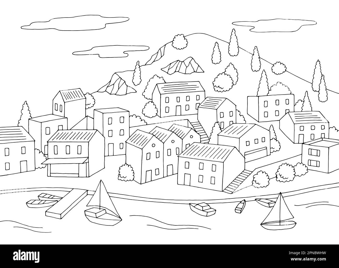 Mare città colorazione grafica nero bianco baia paesaggio schizzo illustrazione vettore Illustrazione Vettoriale