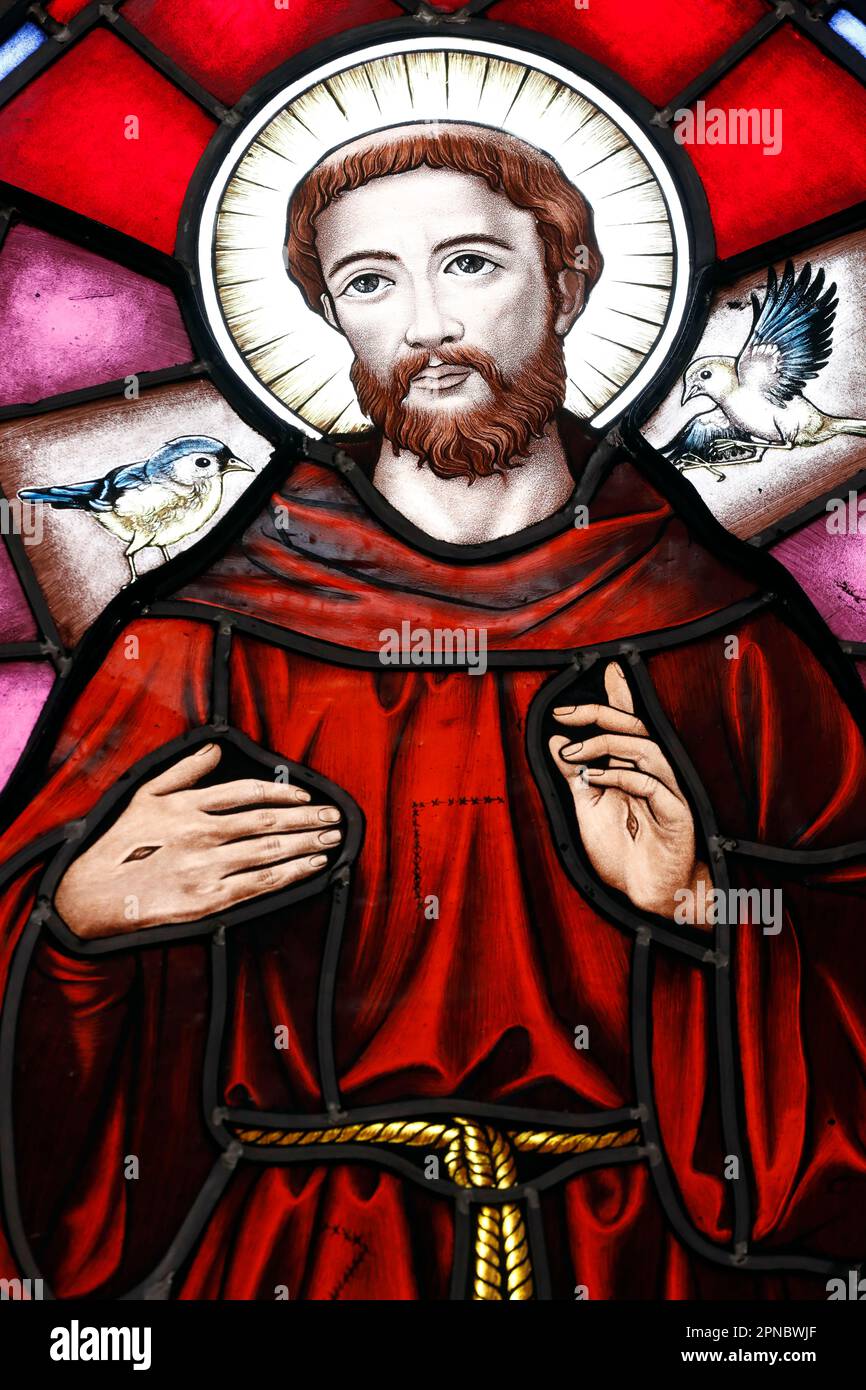 Canzone Vinh Chiesa. Vetro colorato. San Francesco d'Assisi era un frate italiano cattolico che fondò i francescani. Fu ispirato a condurre una vita o Foto Stock