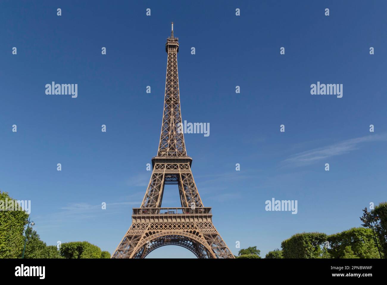 Vista sulla Torre Eiffel dal Champ de Mars nei giorni estivi Foto Stock