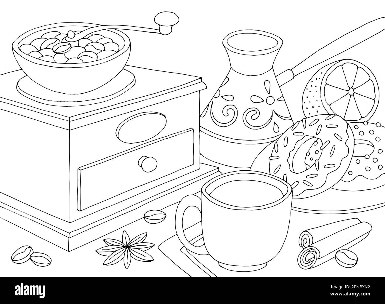 Caffè colorazione alimentare grafica bianco nero disegno illustrazione vettore Illustrazione Vettoriale