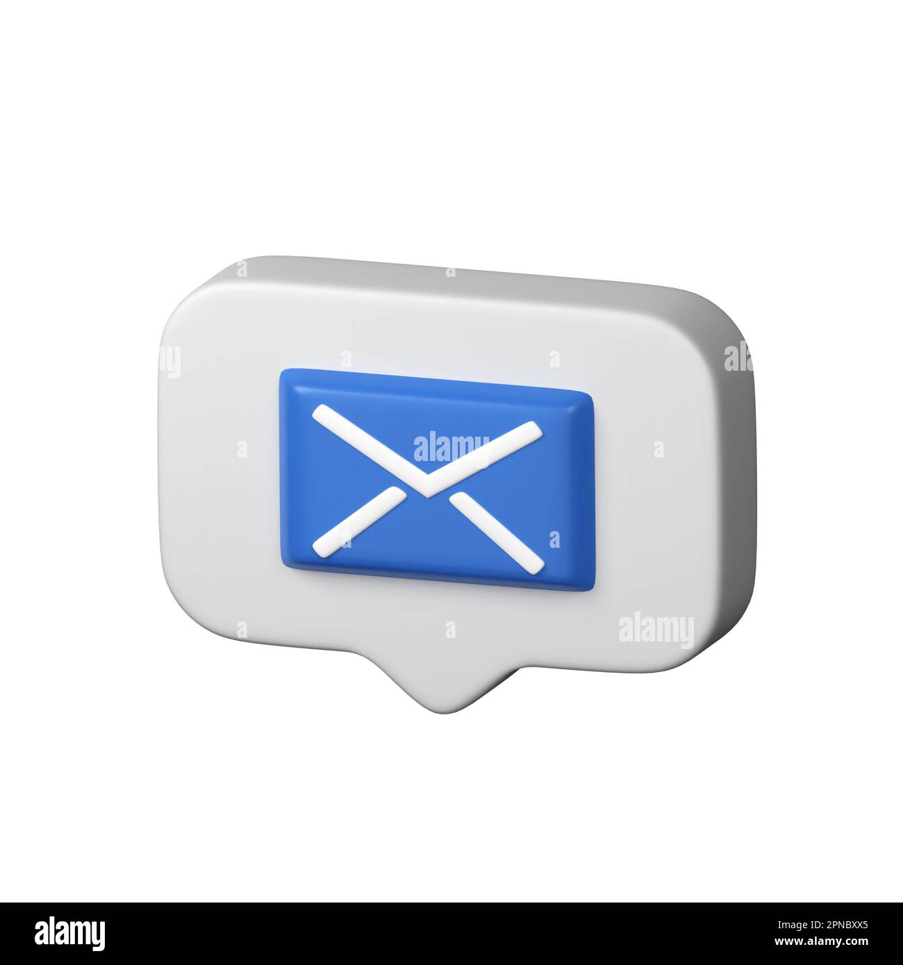 Bolla vocale con busta chiusa blu, lettera, simbolo posta su bianco. Simbolo di posta, notifica nei social media. Icona moderna e realistica in 3D. 3D Rend Foto Stock