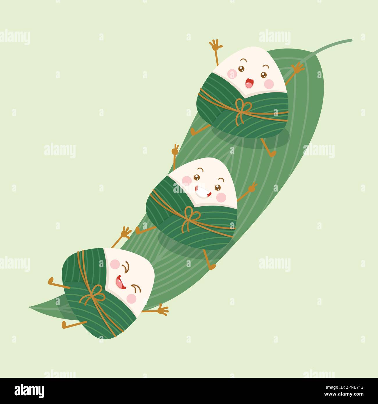 carino e kawaii cinese gnocchi di riso appiccicoso zongzi personaggi cartoni animati con foglia di bambù Illustrazione Vettoriale
