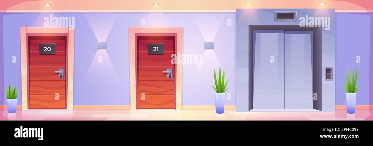 Corridoio dell'hotel o degli uffici con ascensore e porte delle camere. Corridoio vuoto interno con porte chiuse agli appartamenti, cancelli e piante in metallo, cartoni animati vettoriali Illustrazione Vettoriale Corridoio dell'hotel o degli uffici con ascensore e porte delle camere. Corridoio vuoto interno con porte chiuse agli appartamenti, cancelli e piante in metallo, cartoni animati vettoriali Illustrazione Vettoriale