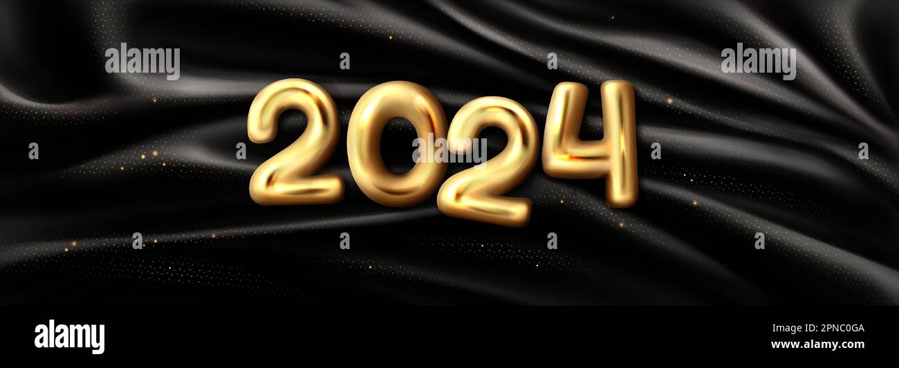 Numeri dorati 2024 su sfondo nero di tessuto di seta. Grafica vettoriale realistica di figure 3D cromate gialle, decorazione in metallo lucido su drappeggi in satin scintillante. Banner di nuovo anno, festa Illustrazione Vettoriale