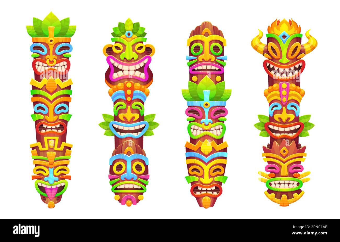 Totem tribali hawaiani con maschere tiki su pali. Statue in legno di dio Polinesiano, maschere tikki africane colorate isolate su sfondo bianco, set di cartoni animati vettoriali Illustrazione Vettoriale