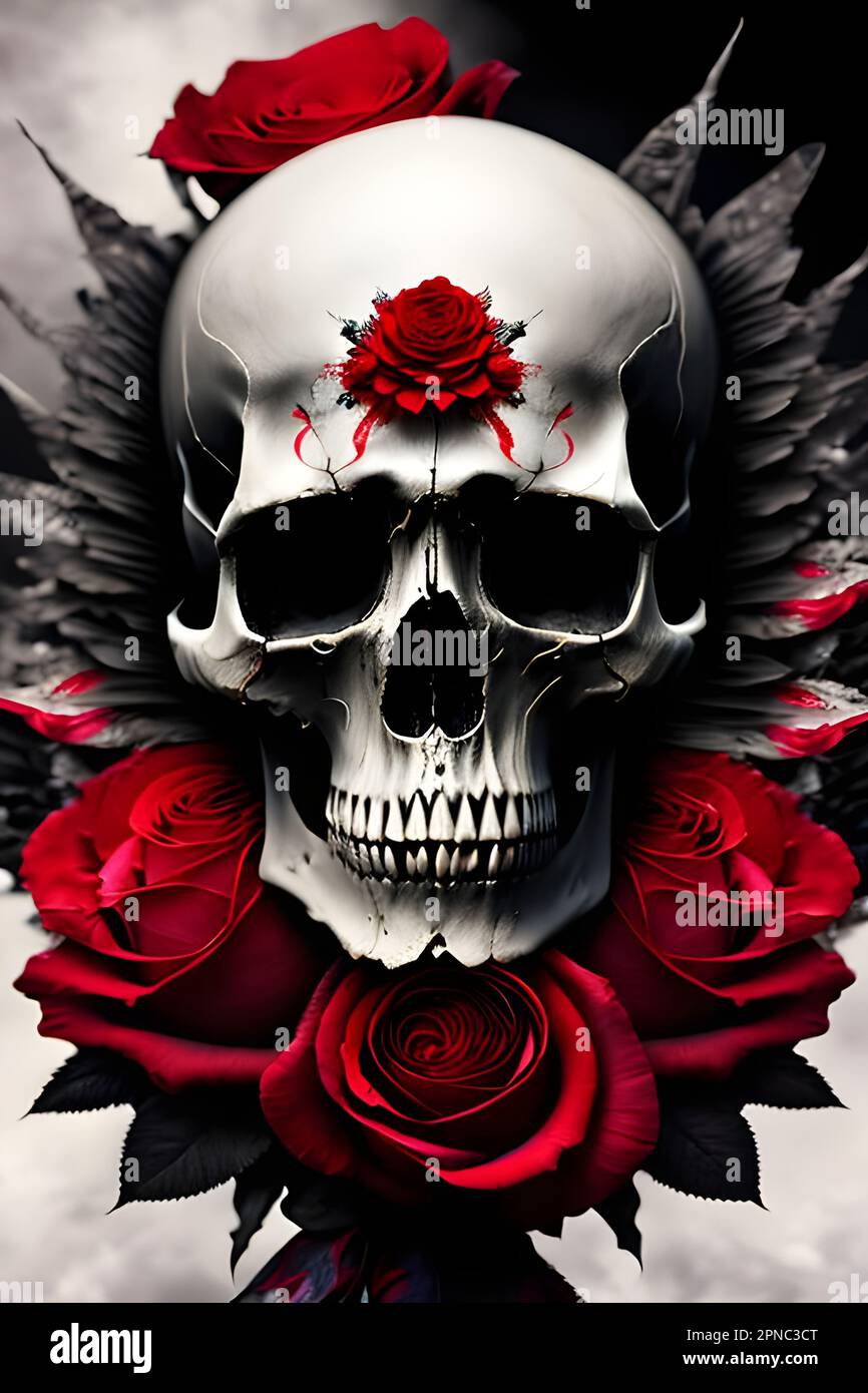 Un'immagine macabra e misteriosa con cranio e ali al centro, adornati da rose rosse Foto Stock