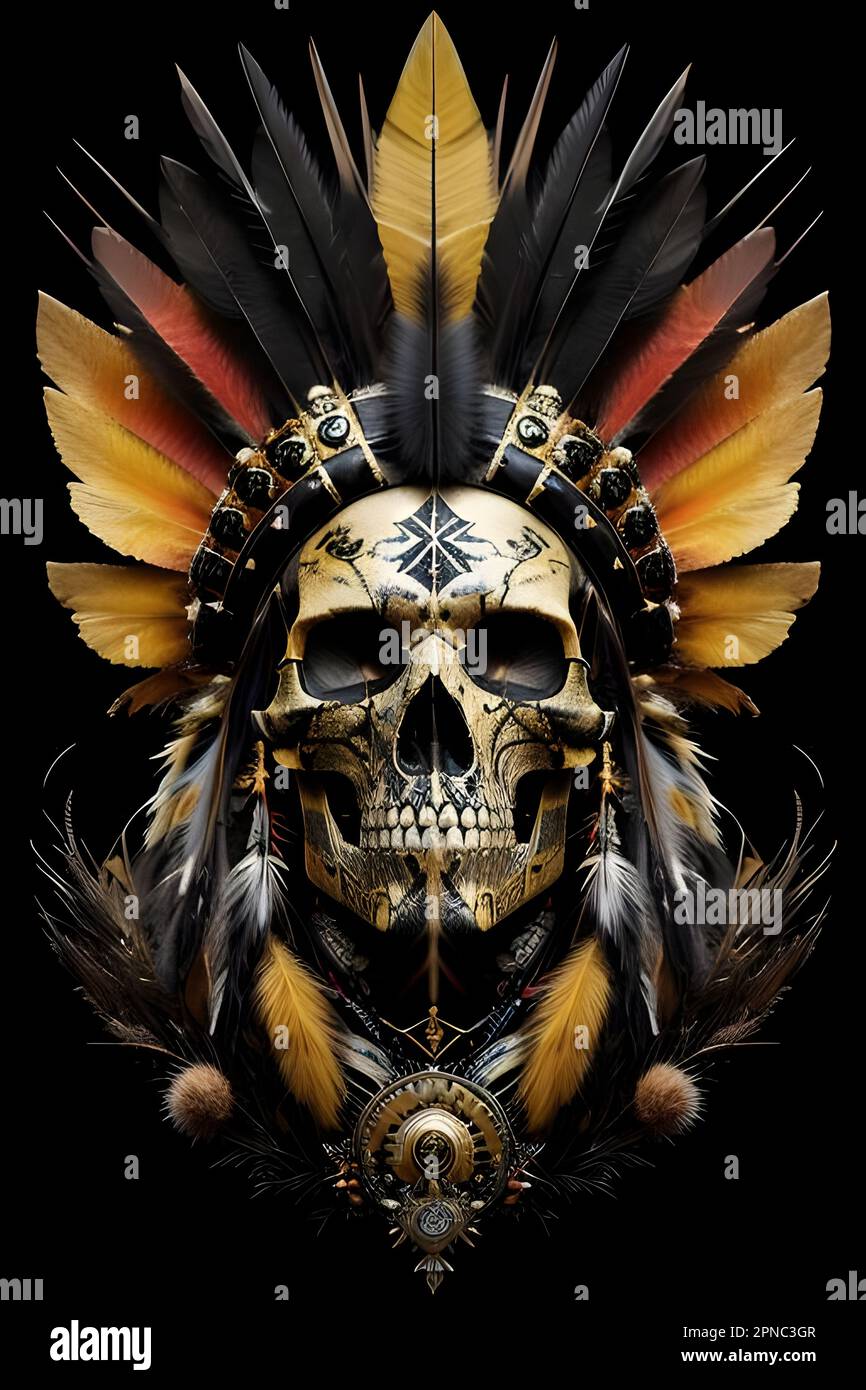 Una figura scheletrica adornata con un headdress tradizionale dei nativi Americani che presenta numerose piume colorate Foto Stock