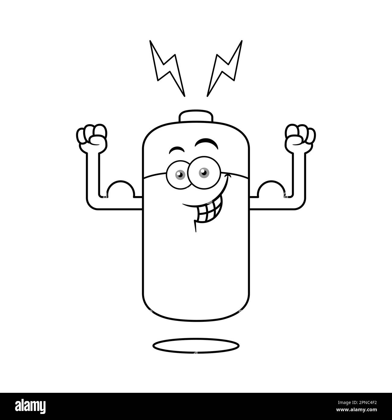 Personaggio del cartoon della batteria di alimentazione in bianco e nero Illustrazione Vettoriale