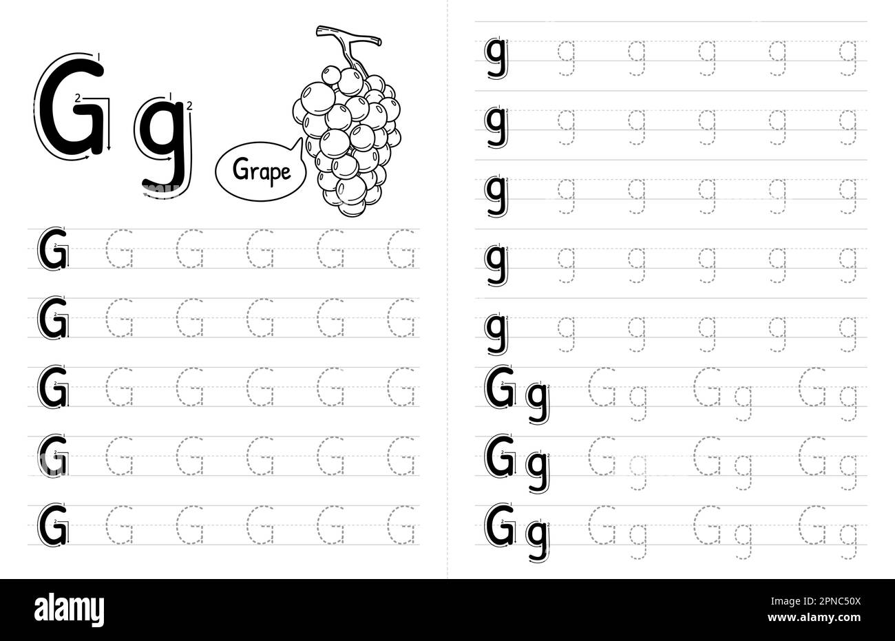 ABC Alphabets Tracing Book Interior per bambini. Bambini scrivere foglio di lavoro con immagine. Elementi vettoriali premium lettera G. Illustrazione Vettoriale