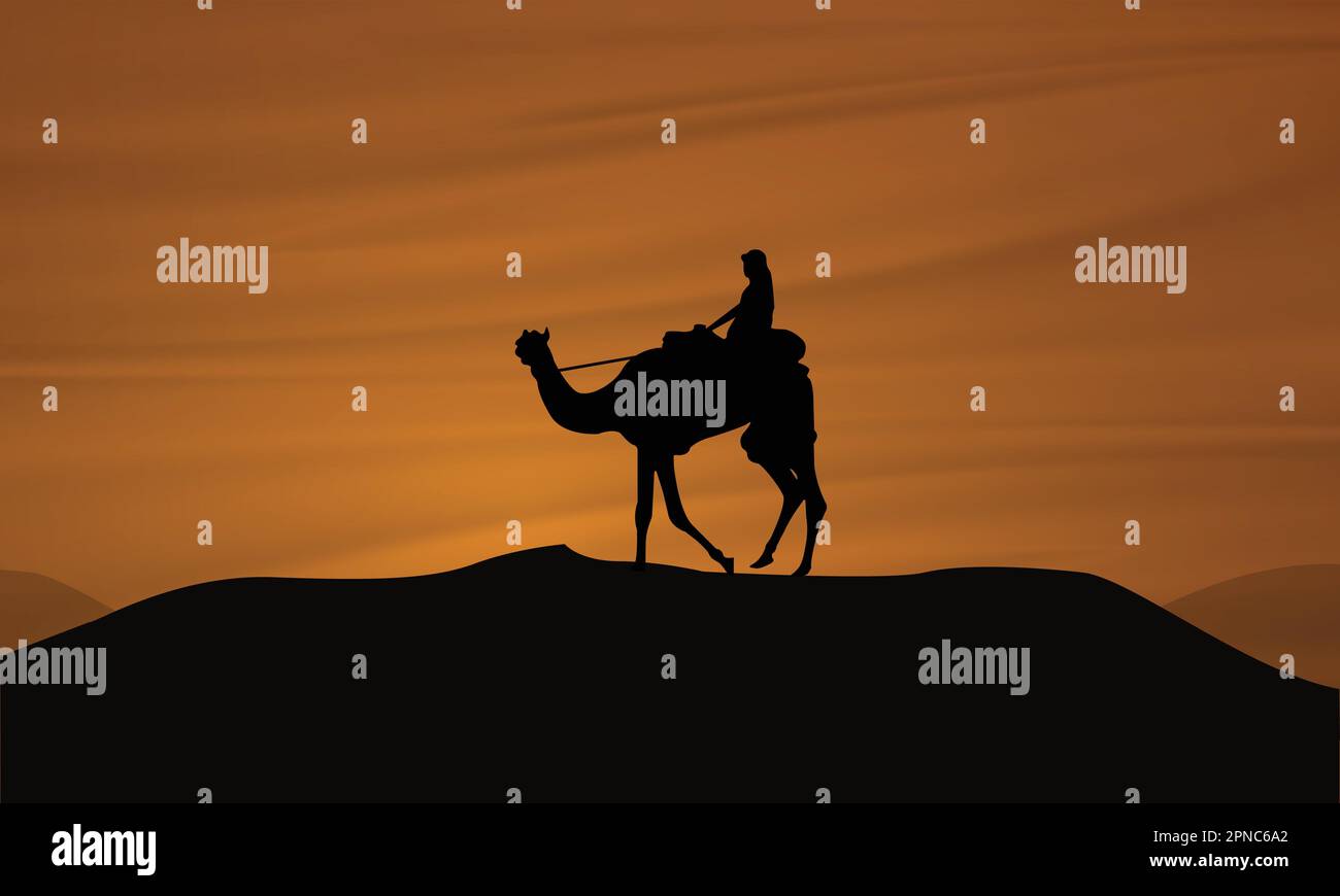 Illustrazione paesaggistica di un turista in un giro in cammello in Medio Oriente. Splendido design caratterizzato da un punto turistico arabo. Bellezza naturale del deserto Illustrazione Vettoriale