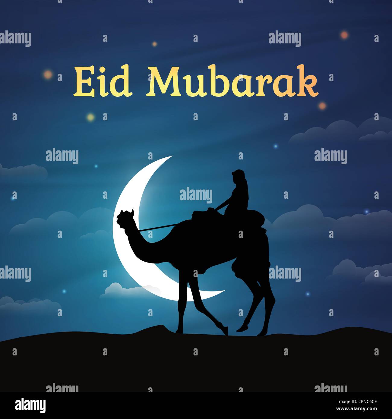 EID Mubarak Design speciale. Primo piano Illustrazione di un Rider cammello di fronte alla Luna, Arte vettoriale raffigurante l'ultima Notte del Ramadan nel deserto Illustrazione Vettoriale