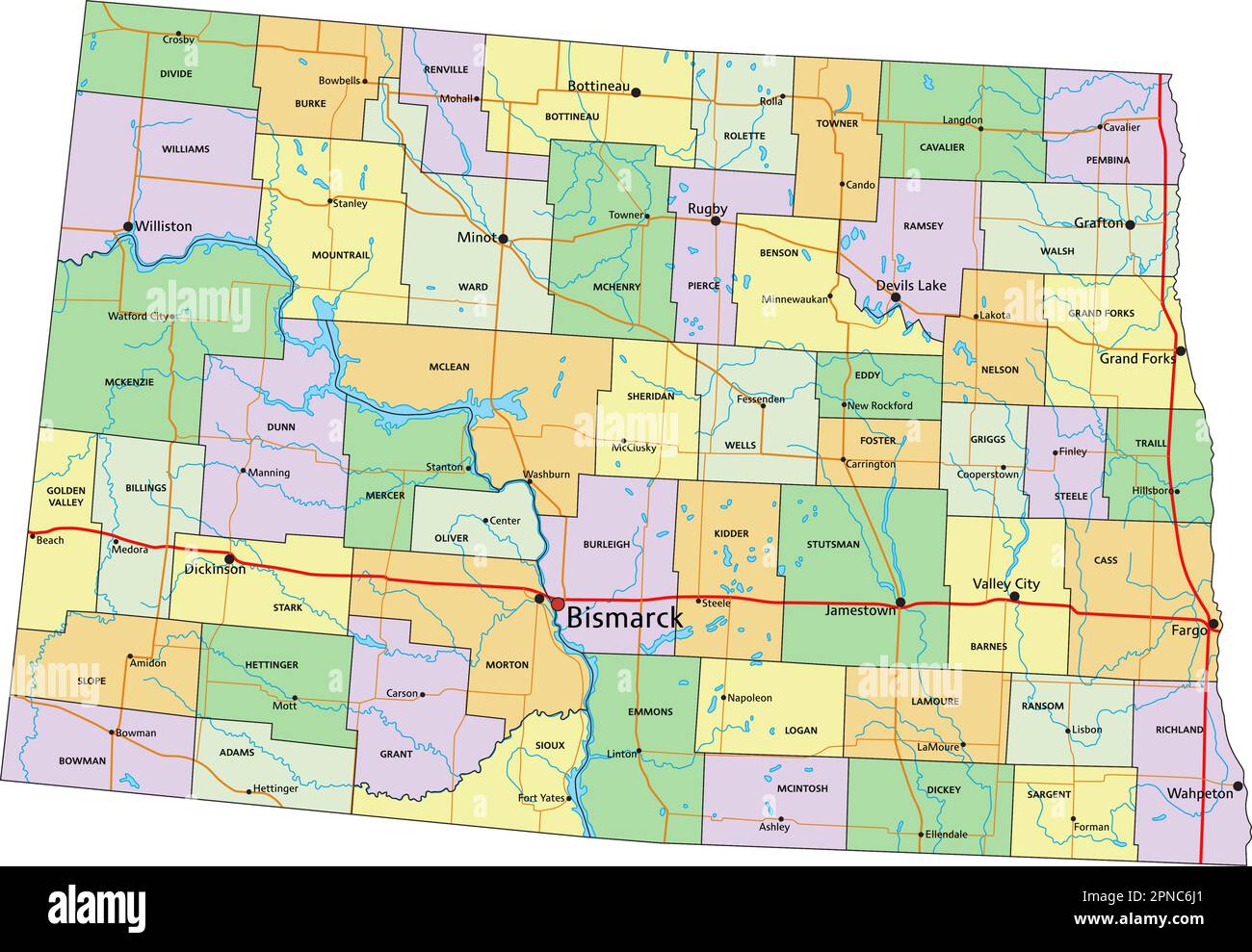 North Dakota - mappa politica modificabile molto dettagliata con etichettatura. Illustrazione Vettoriale