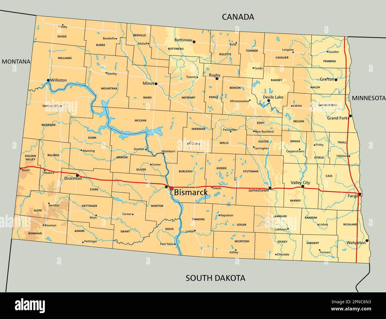 Mappa fisica del North Dakota estremamente dettagliata con etichettatura. Illustrazione Vettoriale