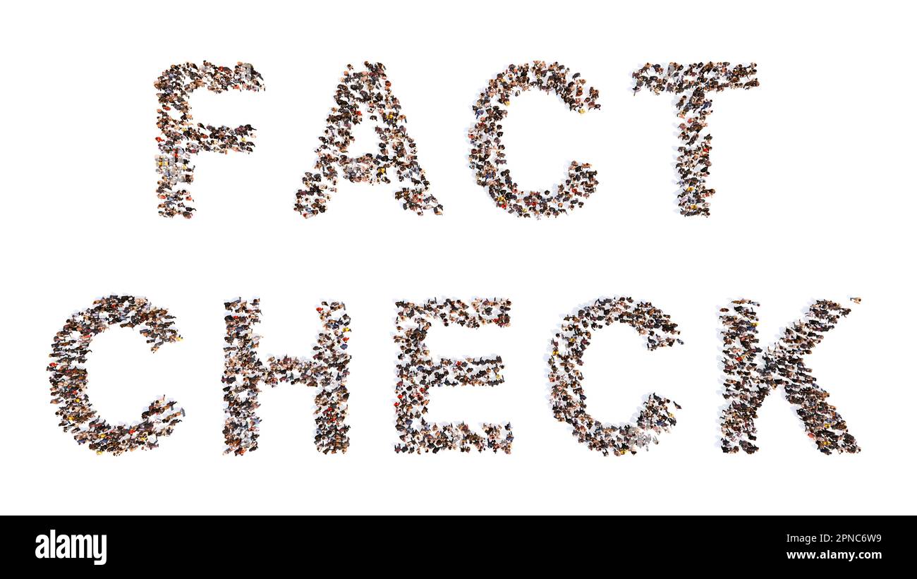 La comunità concettuale delle persone che formano il CONTROLLO DEI FATTI worsd. 3d metafora illustrativa per ricerca, evidenza, affidabilità, verità, informazione corretta Foto Stock