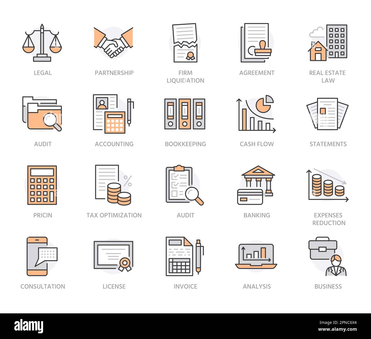 Icone flat line di contabilità finanziaria. Contabilità, ottimizzazione fiscale, libro paga, credito immobiliare, rapporto finanziario. Contabilità sottile segni lineari per Illustrazione Vettoriale