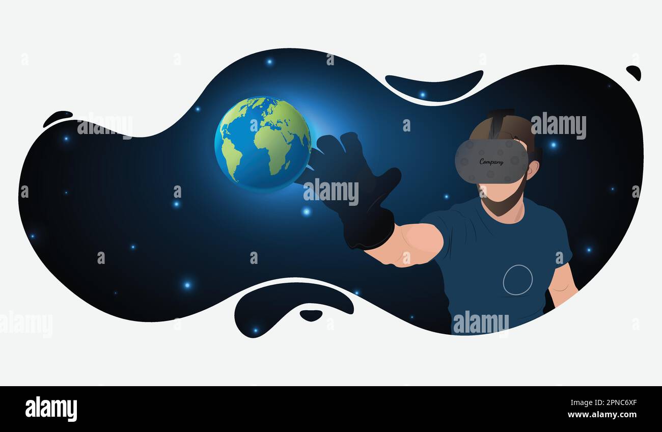 Tecnologia Metaverse progettazione di illustrazioni piatte futuristiche in 3D. Uomo con realtà virtuale che guarda lo spazio e che prende il mondo in mano. Illustrazione Vettoriale