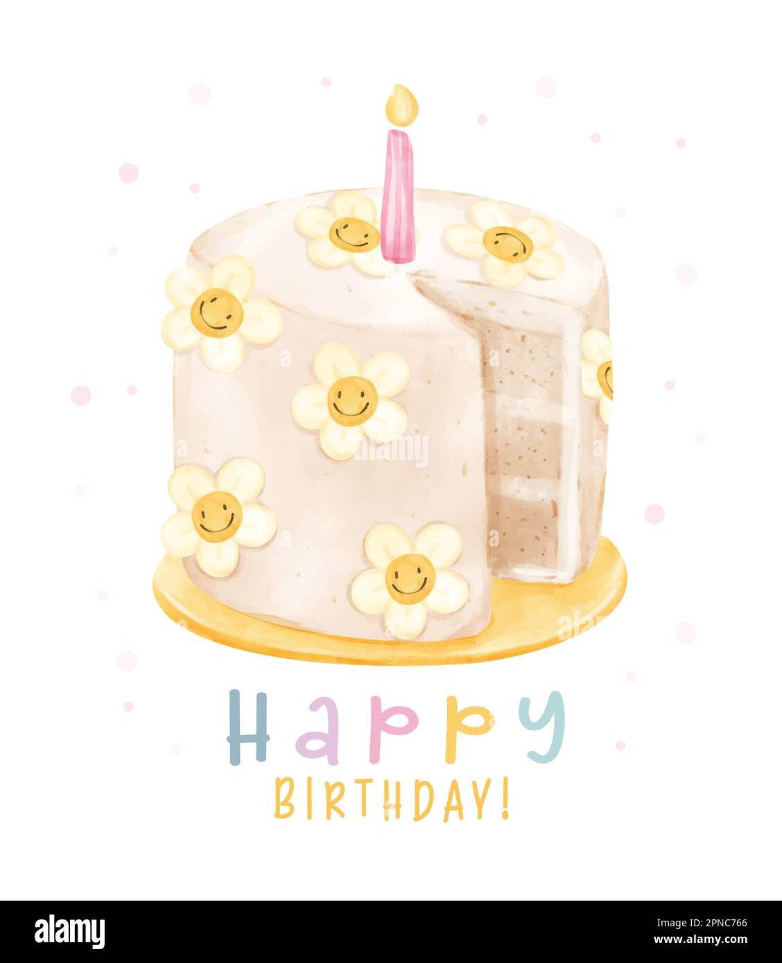 Cute cheerful compleanno sorridente torta di fiori margherite con candela in cima, felice compleanno acquerello mano pittura illustrazione per l'idea di biglietto di auguri. Illustrazione Vettoriale