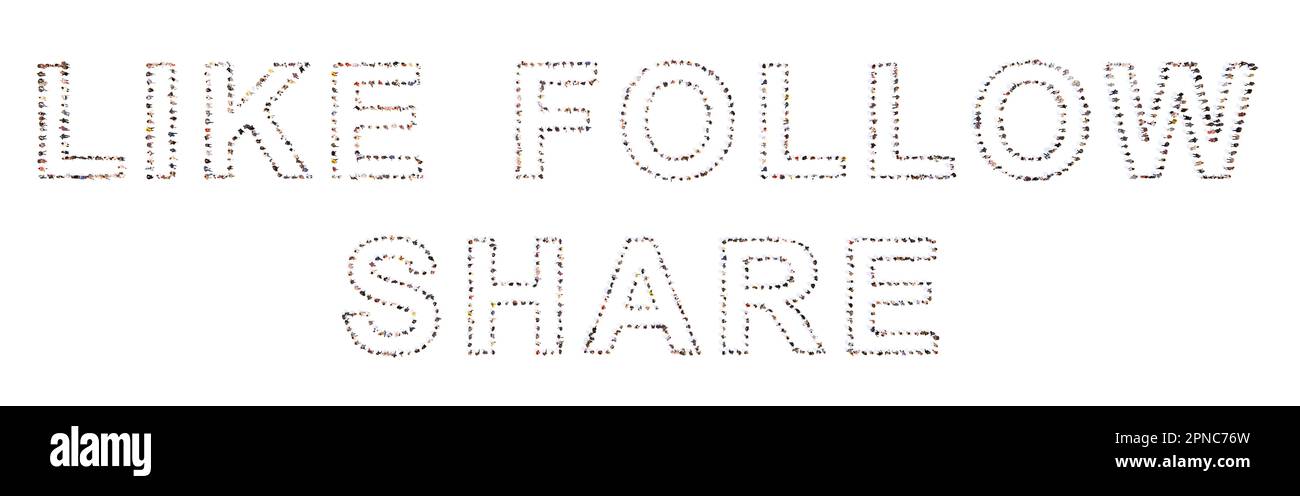 La comunità concettuale di persone che formano il MESSAGGIO DI CONDIVISIONE SIMILE. 3d metafora illustrativa per i social media, la connessione online, la comunità globale Foto Stock