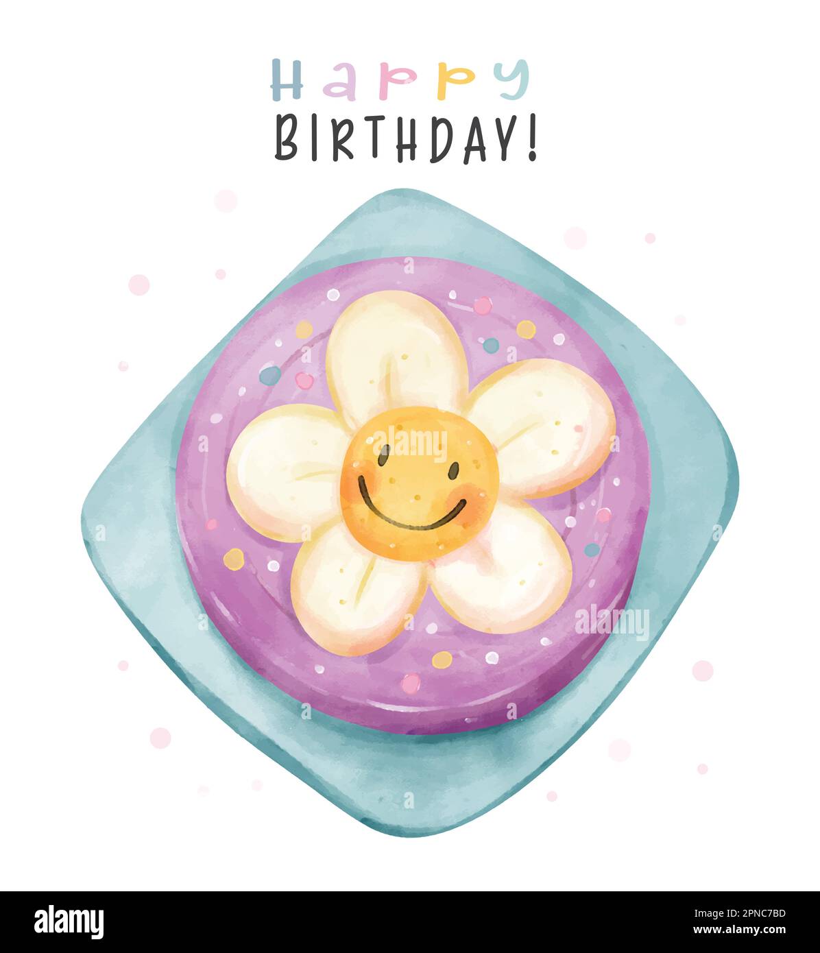 Cute torta di compleanno colorata pastello con grande fiore smiley daisy sulla parte superiore, felice compleanno acquerello pittura a mano illustrazione per l'idea di biglietto di auguri. Illustrazione Vettoriale