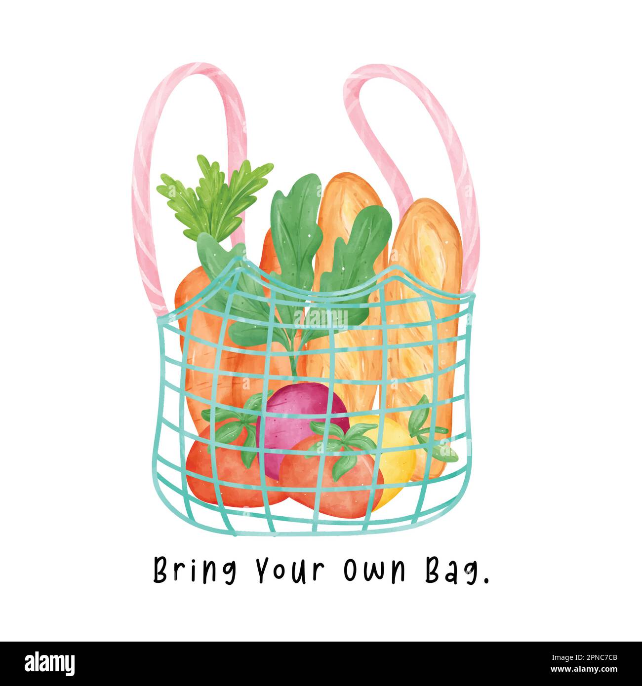 Borsa per la spesa riutilizzabile ecologica piena di verdure fresche acquerello disegno a mano. Illustrazione Vettoriale