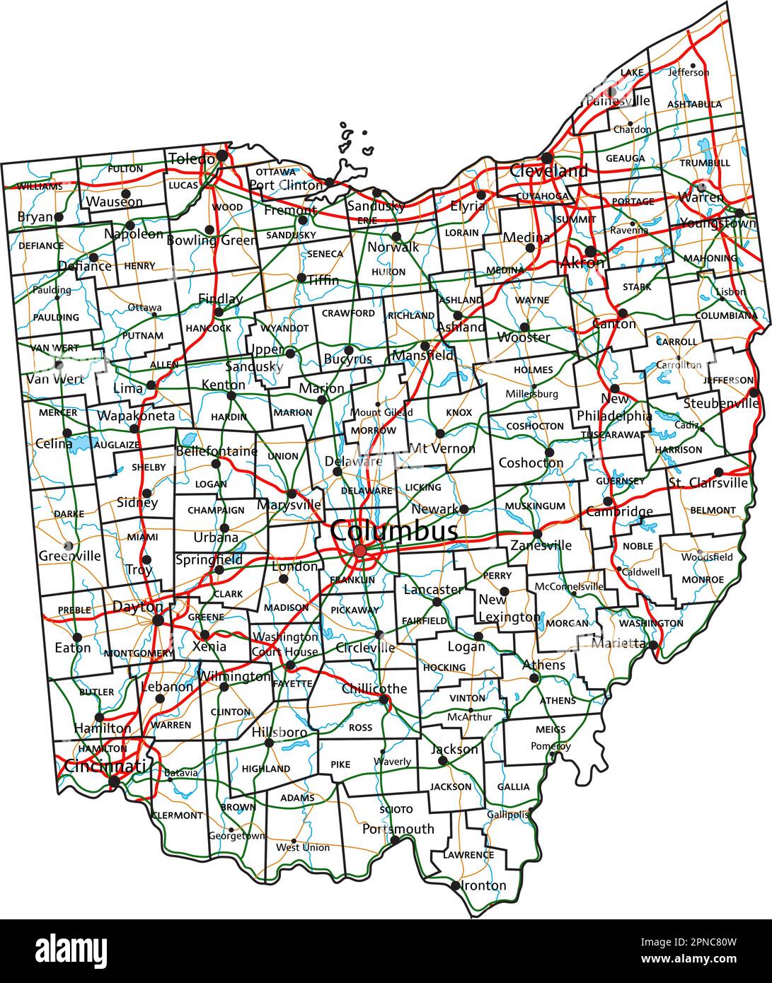Mappa stradale e autostradale dell'Ohio. Illustrazione vettoriale. Illustrazione Vettoriale
