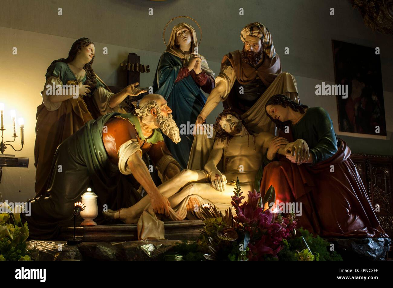 La deposizione di Cristo nel sepolcro di Antonio Brilla (1866) Confraternita di Cristo risorto. La Processione del Venerdì Santo a Savona è un religi Foto Stock